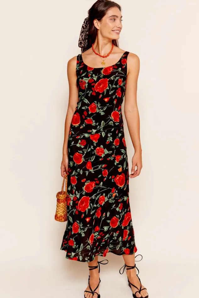 Women RIXO All Clothing Bondi Silk Midi Dress Claudia Rose Black