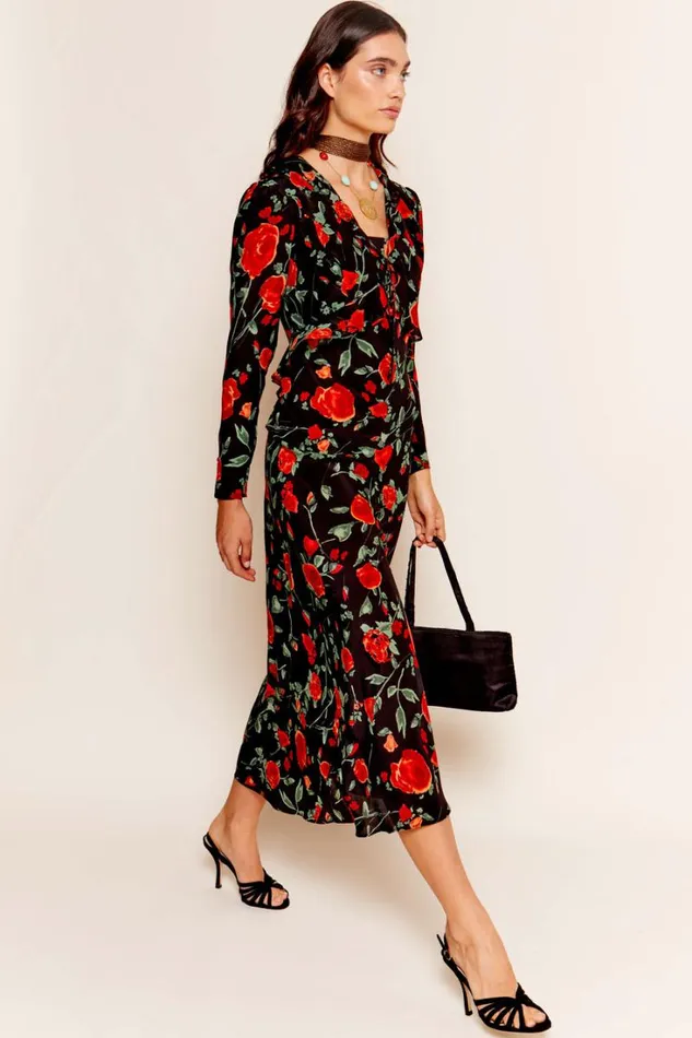 Women RIXO All Clothing Bondi Silk Midi Dress Claudia Rose Black