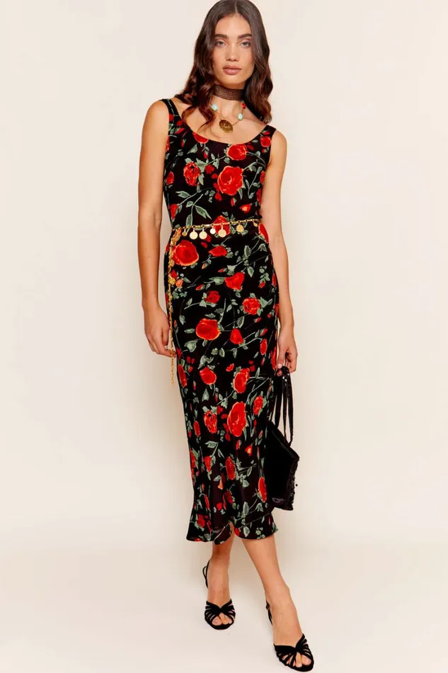 Women RIXO All Clothing Bondi Silk Midi Dress Claudia Rose Black