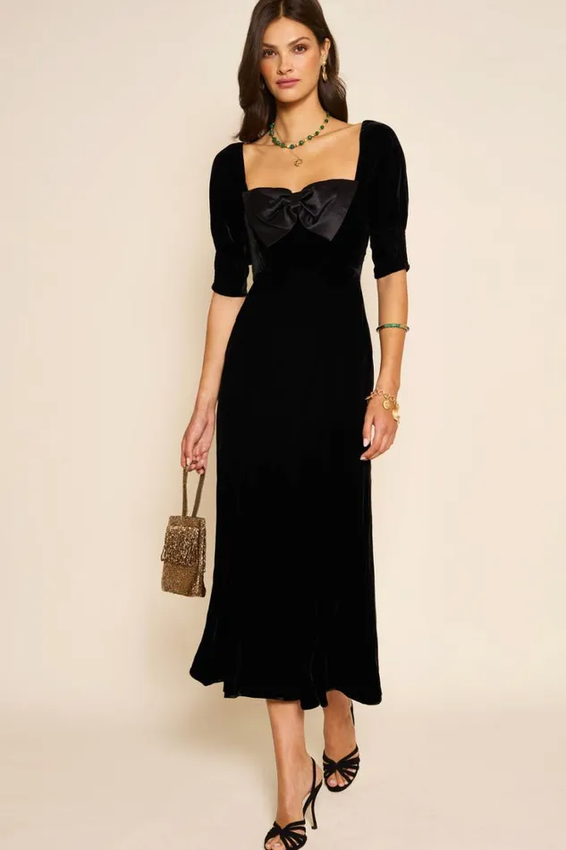 Women RIXO All Clothing Celia Velvet Midi Dress Shimmer Embellishment Bow Black