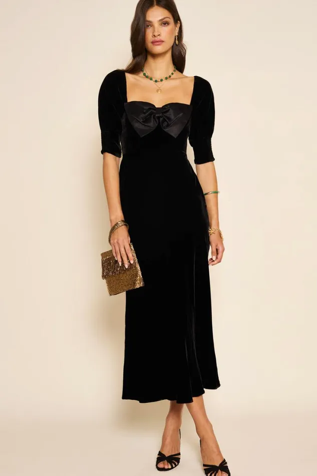 Women RIXO All Clothing Celia Velvet Midi Dress Shimmer Embellishment Bow Black