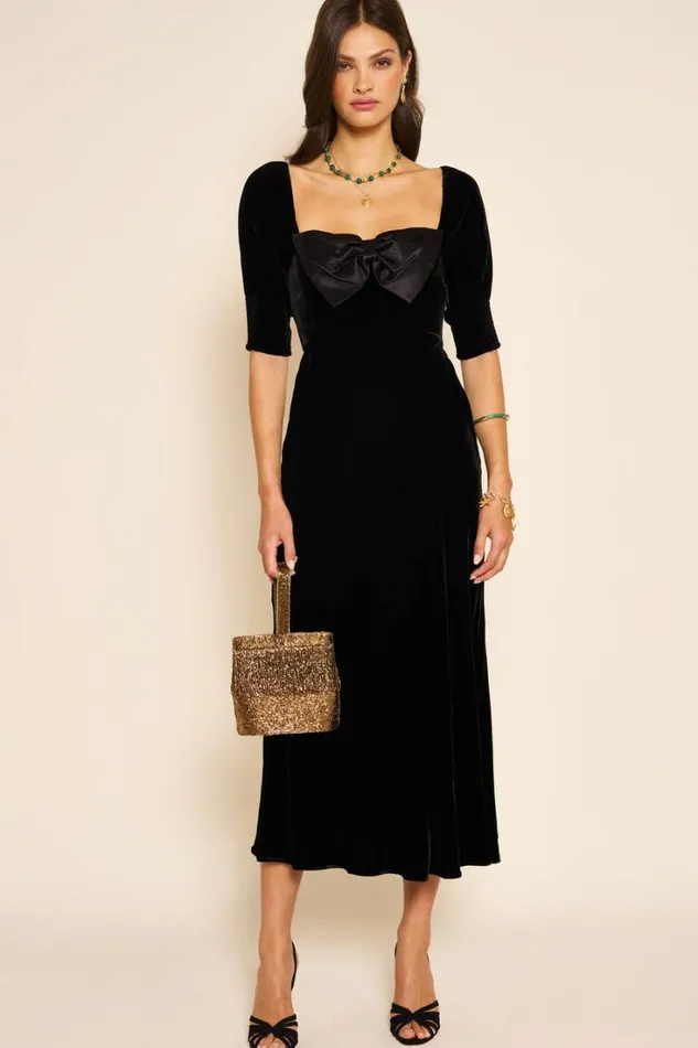 Women RIXO All Clothing Celia Velvet Midi Dress Shimmer Embellishment Bow Black
