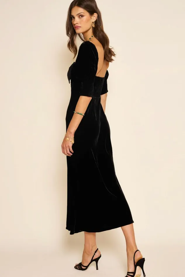 Women RIXO All Clothing Celia Velvet Midi Dress Shimmer Embellishment Bow Black