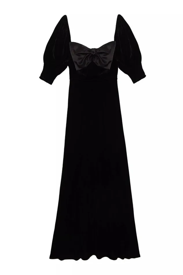 Women RIXO All Clothing Celia Velvet Midi Dress Shimmer Embellishment Bow Black