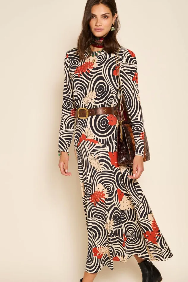 Women RIXO All Clothing Cerise Jersey Midi Dress Swirl Daisy Black
