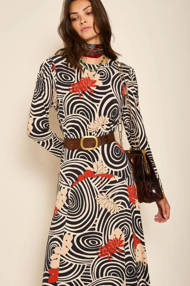 Women RIXO All Clothing Cerise Jersey Midi Dress Swirl Daisy Black