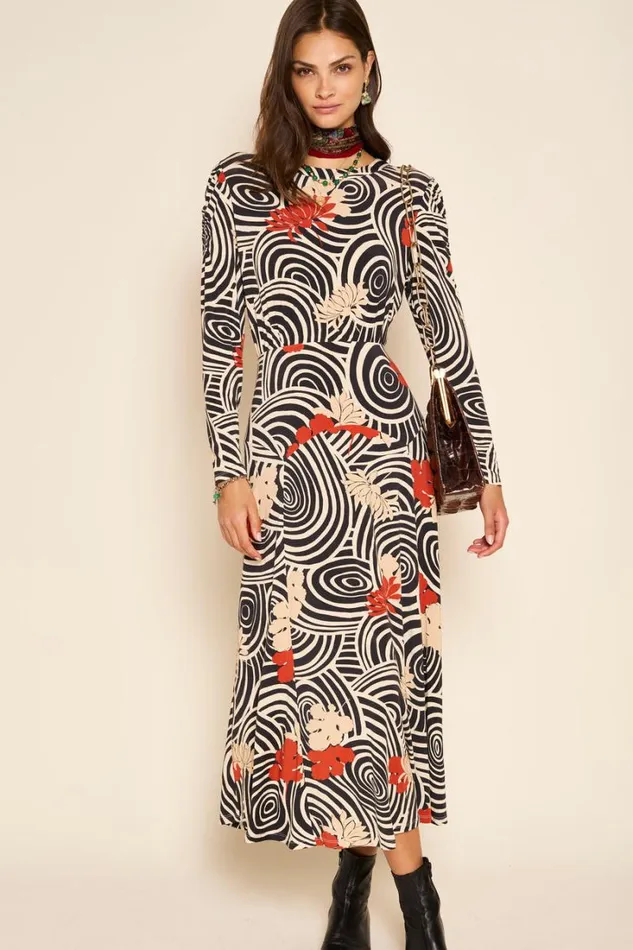 Women RIXO All Clothing Cerise Jersey Midi Dress Swirl Daisy Black