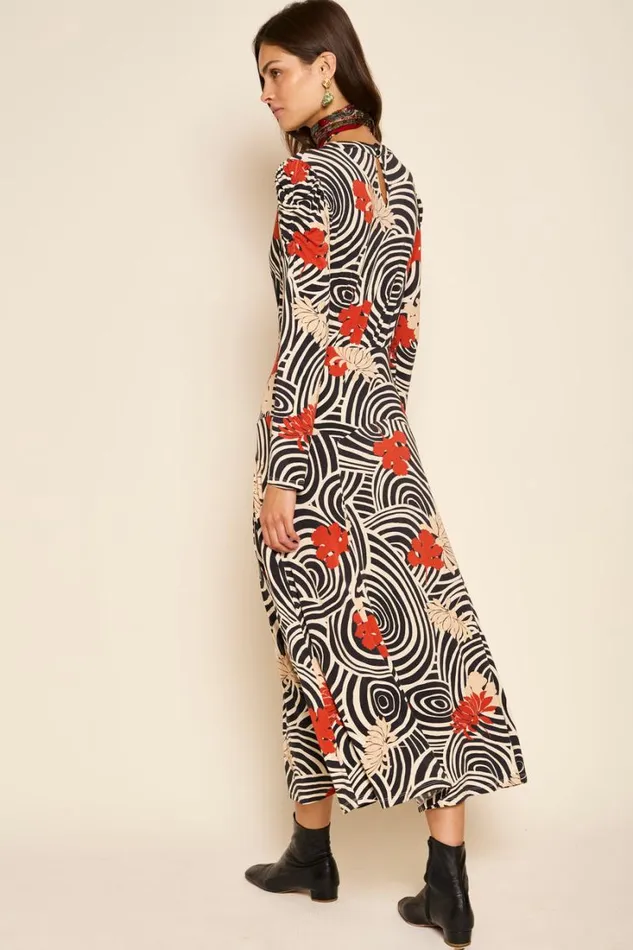 Women RIXO All Clothing Cerise Jersey Midi Dress Swirl Daisy Black
