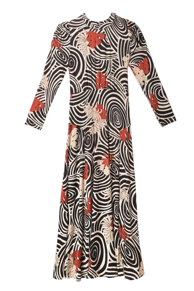 Women RIXO All Clothing Cerise Jersey Midi Dress Swirl Daisy Black