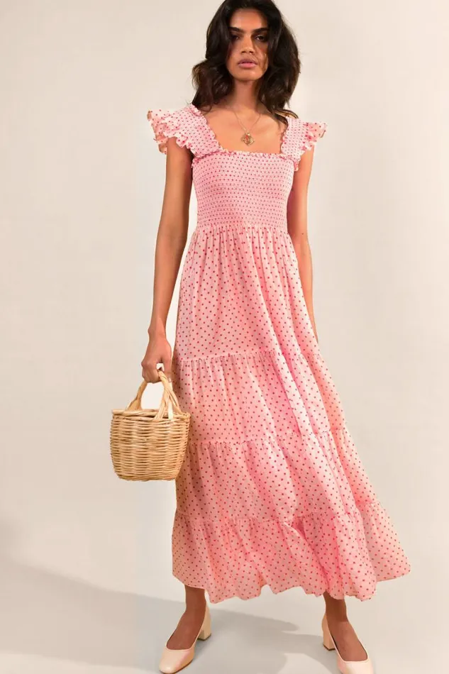 Women RIXO All Clothing Kendall Cotton Midi Dress Pale Pink Polka Dot
