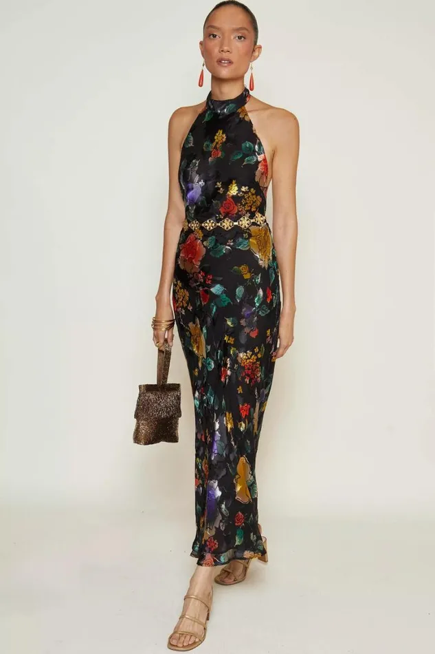 Women RIXO All Clothing Pearl Silk Midi Dress Ombr Bloom Black
