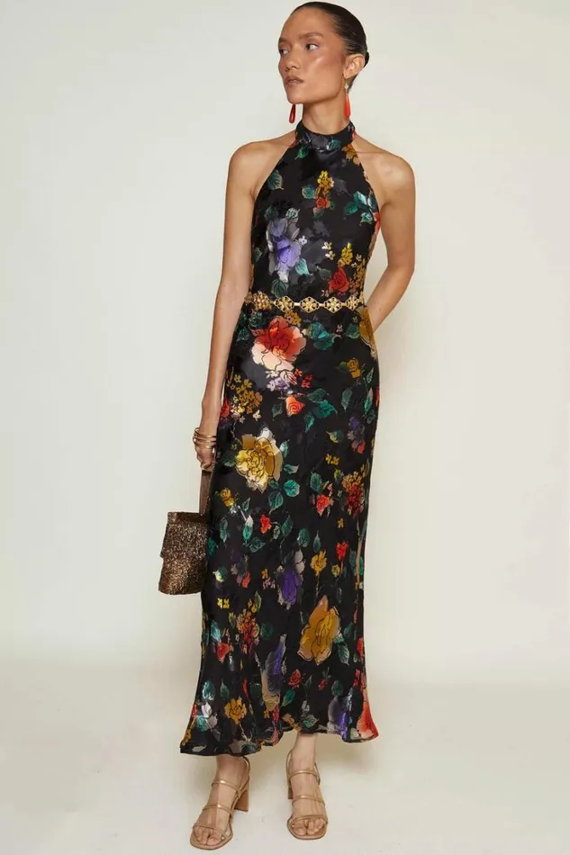 Women RIXO All Clothing Pearl Silk Midi Dress Ombr Bloom Black