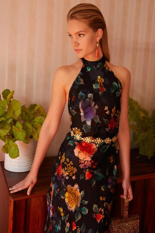 Women RIXO All Clothing Pearl Silk Midi Dress Ombr Bloom Black