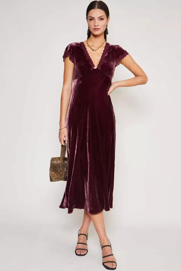 Women RIXO Last Chance Clarice Velvet Midi Dress Bordeaux