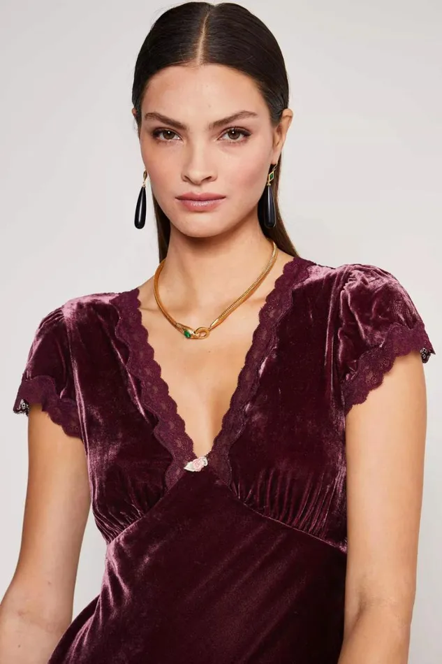 Women RIXO Last Chance Clarice Velvet Midi Dress Bordeaux