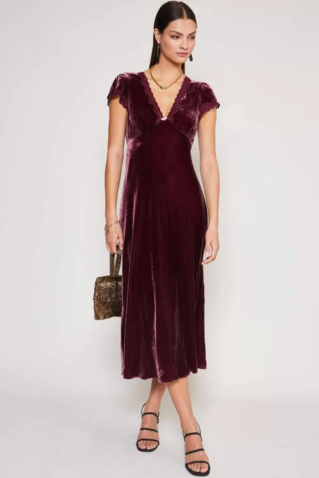 Women RIXO Last Chance Clarice Velvet Midi Dress Bordeaux