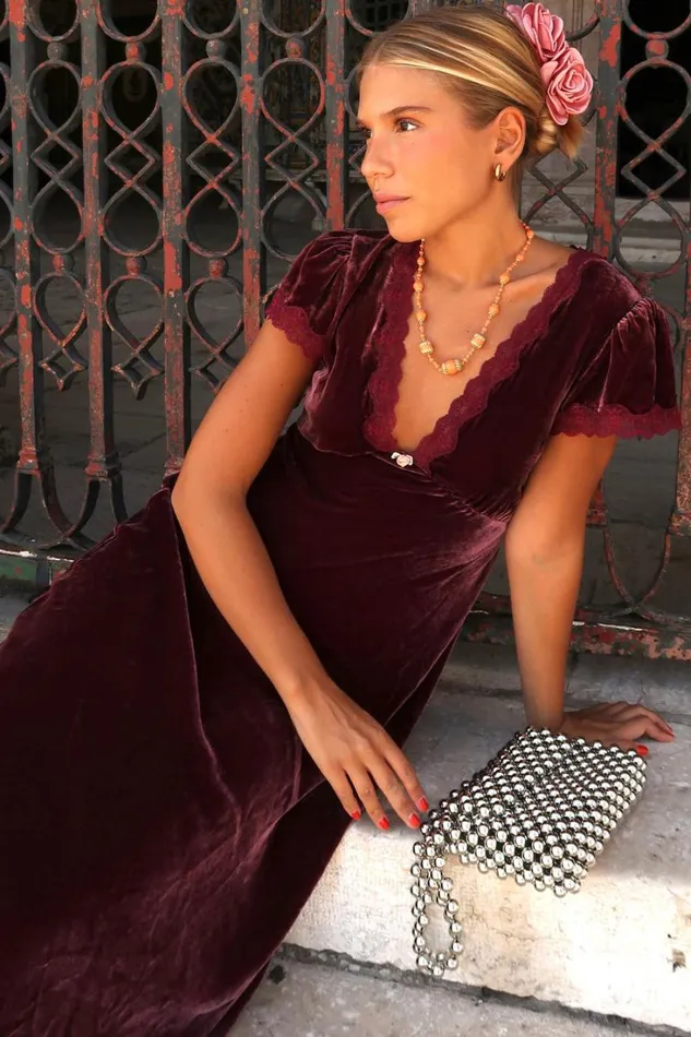 Women RIXO Last Chance Clarice Velvet Midi Dress Bordeaux