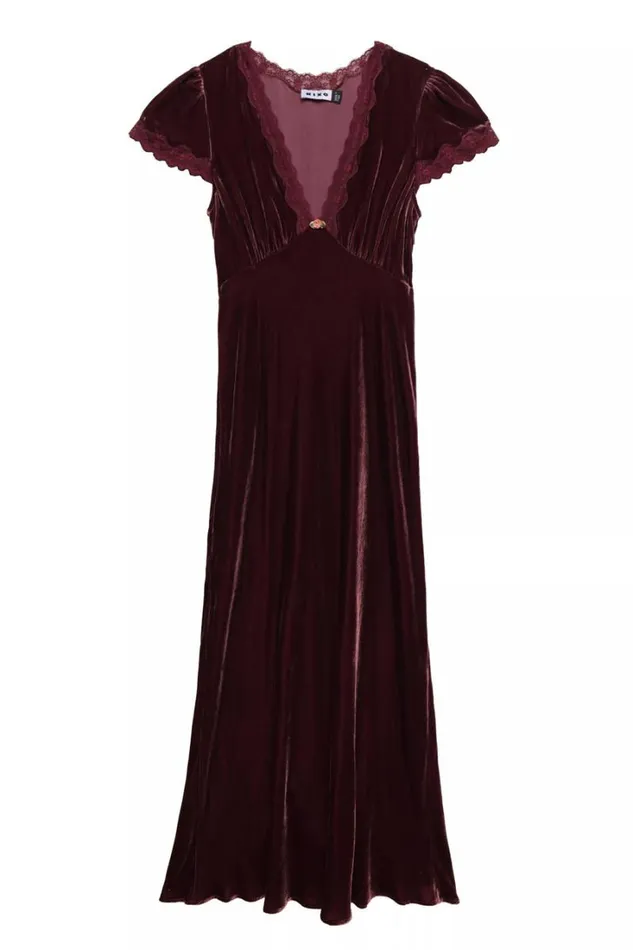 Women RIXO Last Chance Clarice Velvet Midi Dress Bordeaux