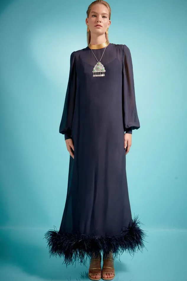 Women RIXO Last Chance Ellodie Silk Maxi Dress Deep Navy Feather