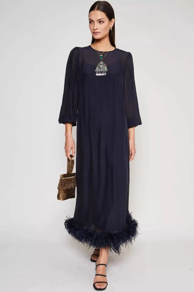 Women RIXO Last Chance Ellodie Silk Maxi Dress Deep Navy Feather