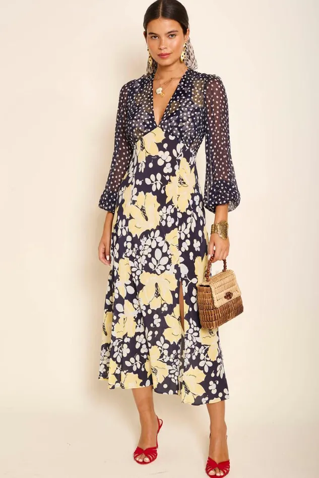 Women RIXO Last Chance Melanie Silk Midi Dress Umbrella Floral Navy Mix