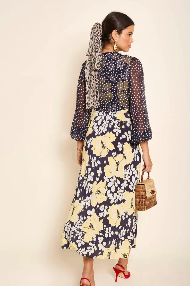 Women RIXO Last Chance Melanie Silk Midi Dress Umbrella Floral Navy Mix