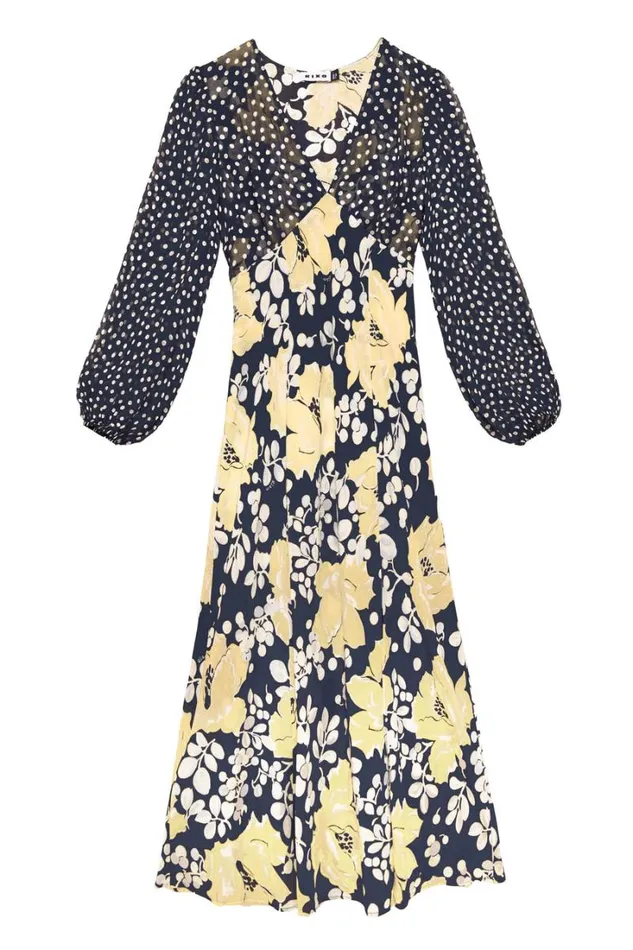 Women RIXO Last Chance Melanie Silk Midi Dress Umbrella Floral Navy Mix