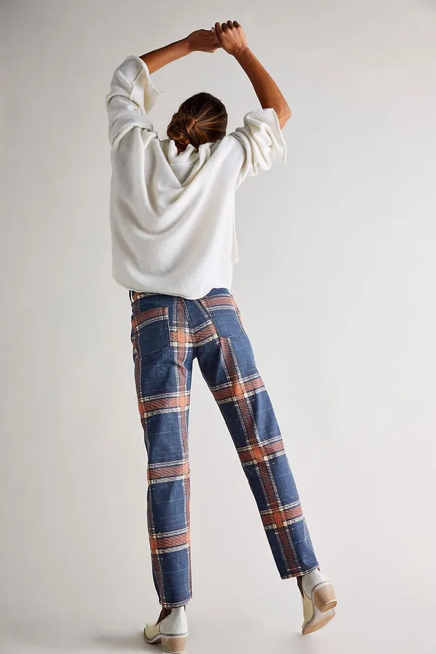 Women Statement Jeans Free People Baker Plaid Boyfriend Jeans Tokyo Blue Plaid