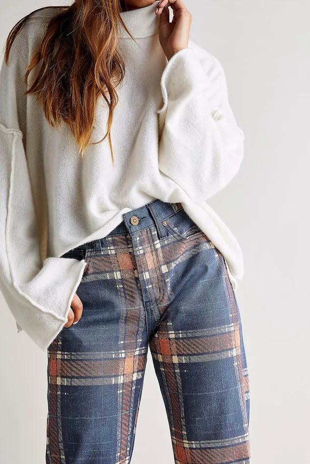 Women Statement Jeans Free People Baker Plaid Boyfriend Jeans Tokyo Blue Plaid