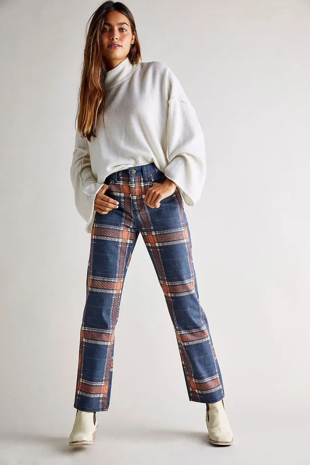 Women Statement Jeans Free People Baker Plaid Boyfriend Jeans Tokyo Blue Plaid