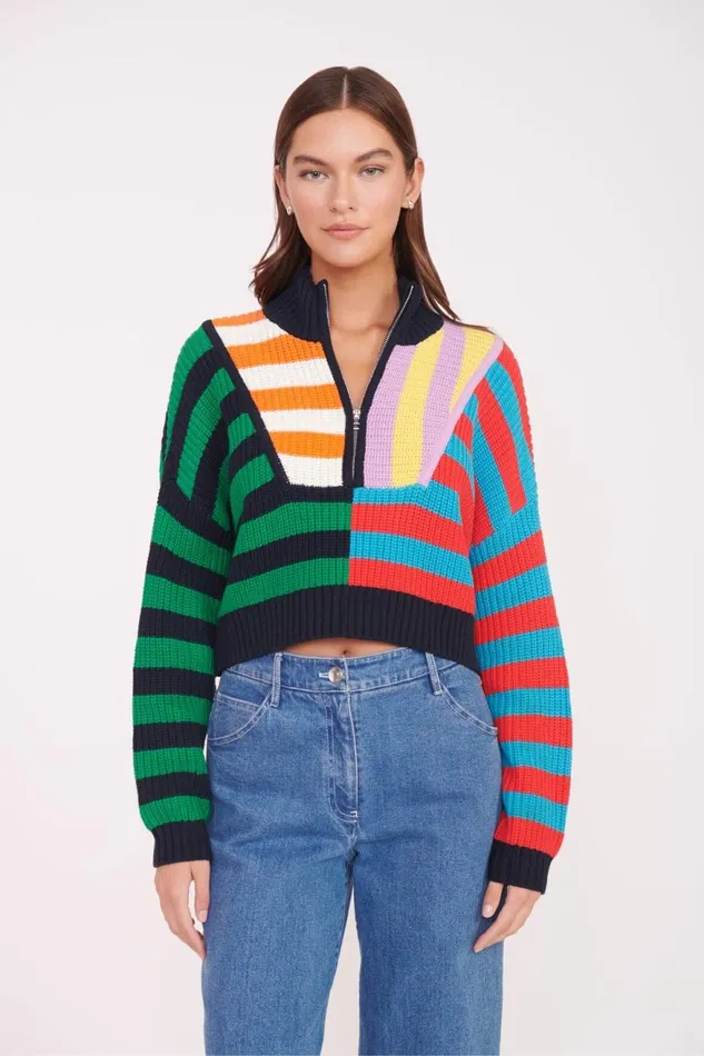 Women STAUD Swim CROPPED HAMPTON SWEATER CABANA STRIPE MULTI