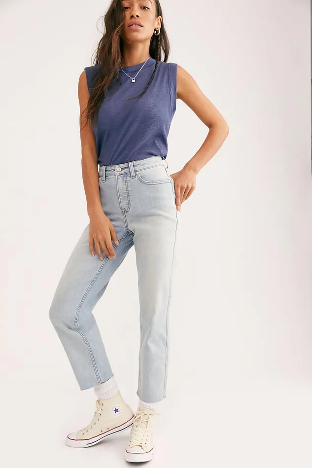 Women StraightLeg Jeans Free People CRVY HighRise Vintage Straight Jeans Stone Beach