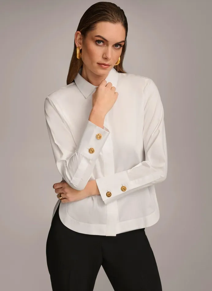 Women Sweaters And Tops Donna Karan COTTON COLLARED BUTTON DOWN White