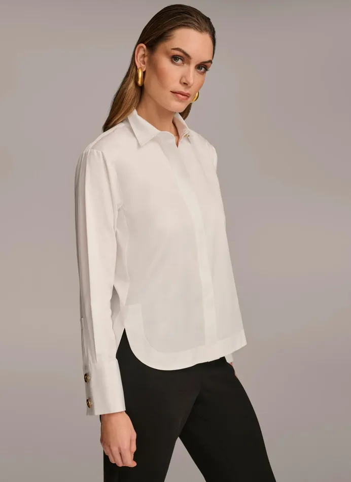 Women Sweaters And Tops Donna Karan COTTON COLLARED BUTTON DOWN White