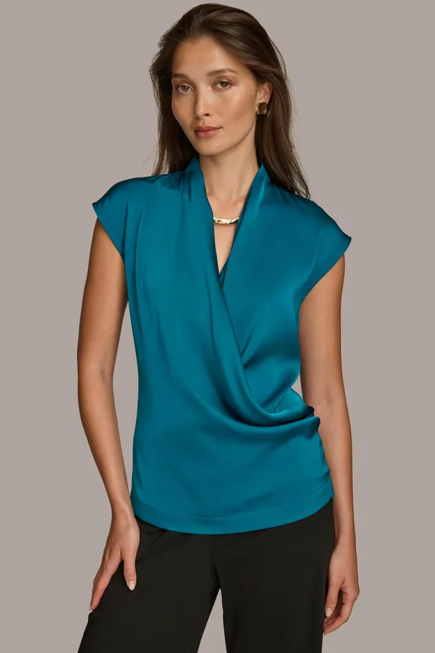 Women Sweaters And Tops Donna Karan FAUX WRAP TOP Empire Teal