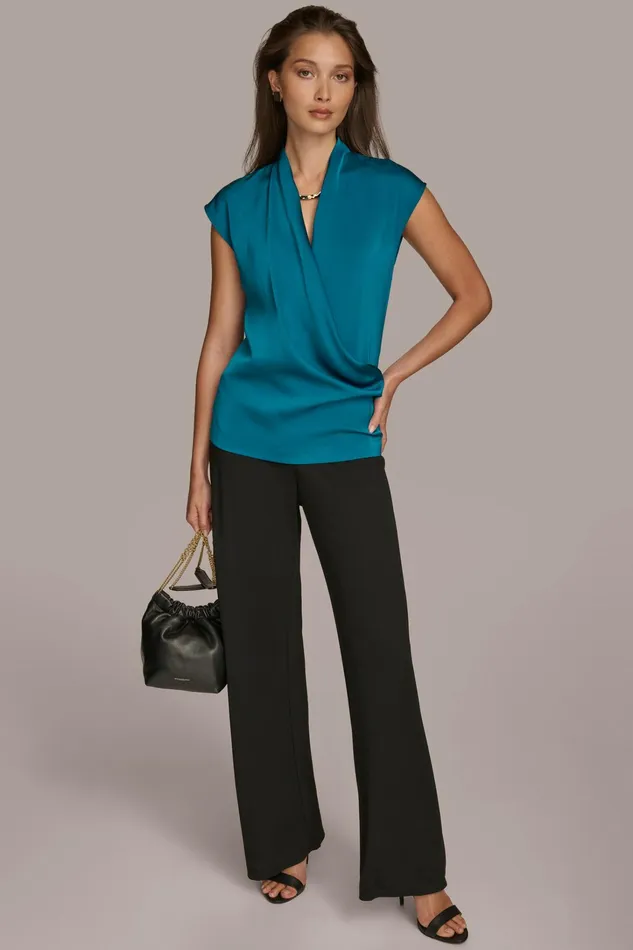 Women Sweaters And Tops Donna Karan FAUX WRAP TOP Empire Teal