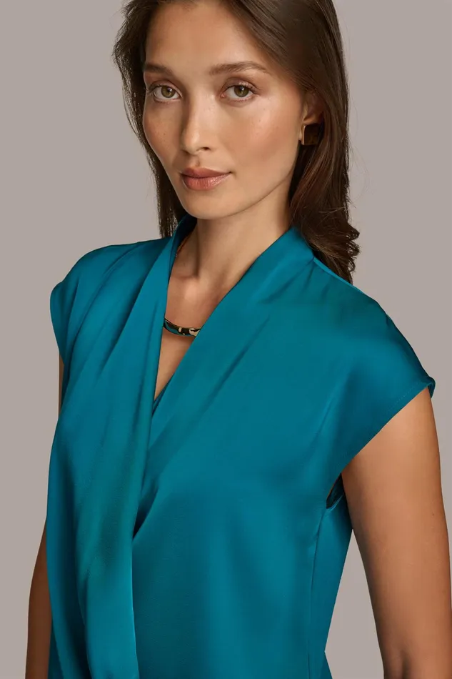 Women Sweaters And Tops Donna Karan FAUX WRAP TOP Empire Teal