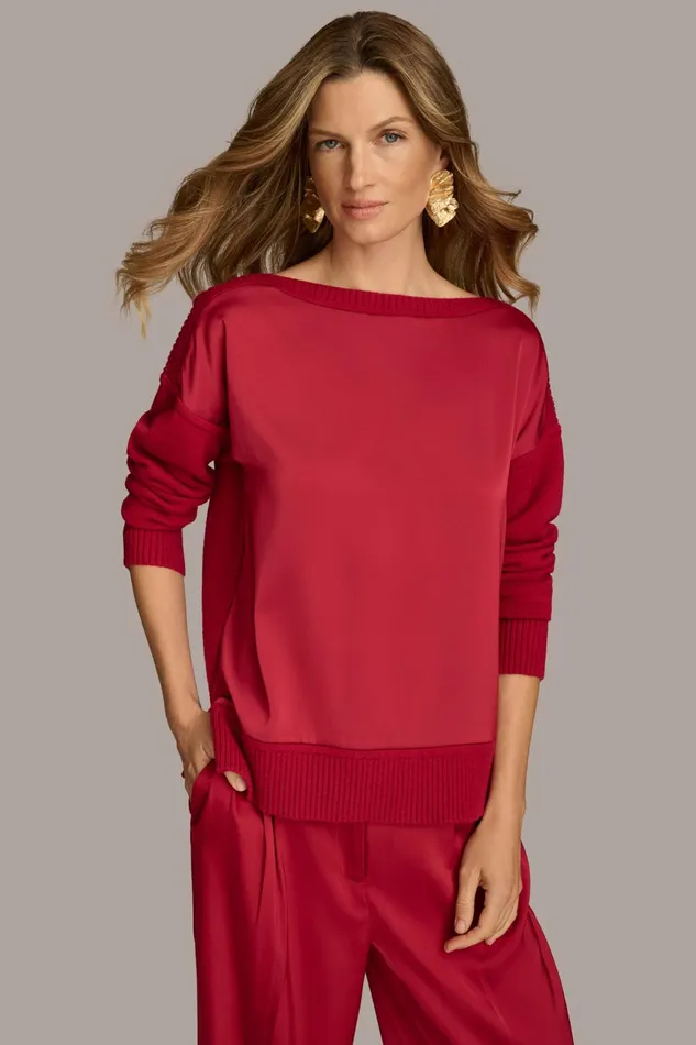 Women Sweaters And Tops Donna Karan MIXED STITCH BOATNECK SWEATER Metropolitan Red