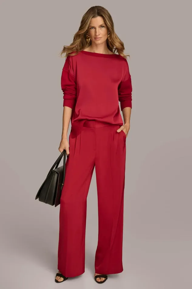 Women Sweaters And Tops Donna Karan MIXED STITCH BOATNECK SWEATER Metropolitan Red