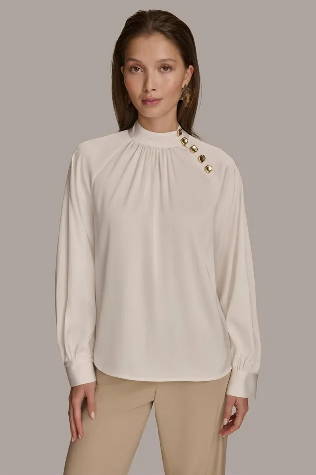 Women Sweaters And Tops Donna Karan MOCK NECK WITH BUTTONS Ivory
