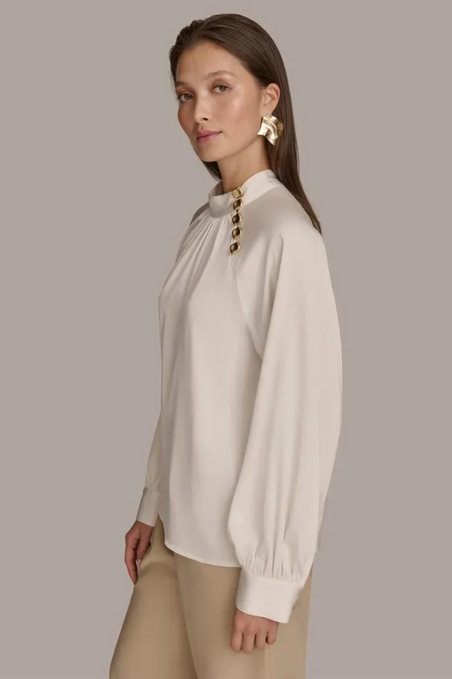Women Sweaters And Tops Donna Karan MOCK NECK WITH BUTTONS Ivory