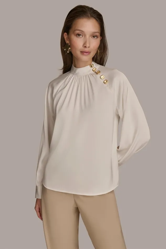 Women Sweaters And Tops Donna Karan MOCK NECK WITH BUTTONS Ivory