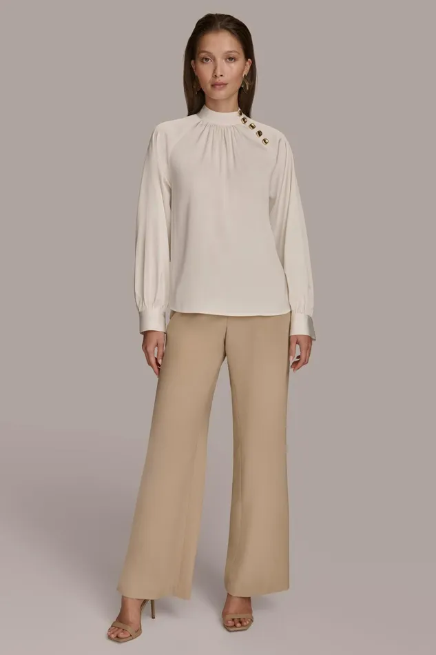 Women Sweaters And Tops Donna Karan MOCK NECK WITH BUTTONS Ivory