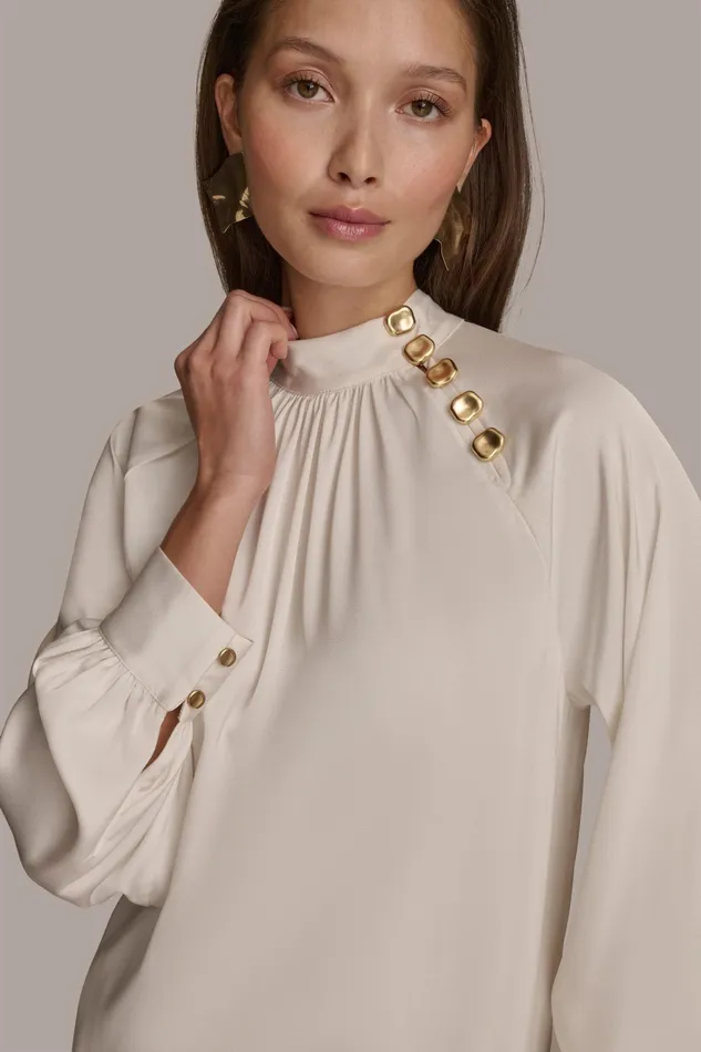 Women Sweaters And Tops Donna Karan MOCK NECK WITH BUTTONS Ivory