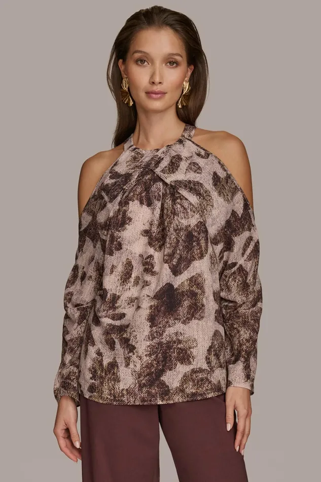 Women Sweaters And Tops Donna Karan PRINTED COLD SHOULDER TOP Blackmulti