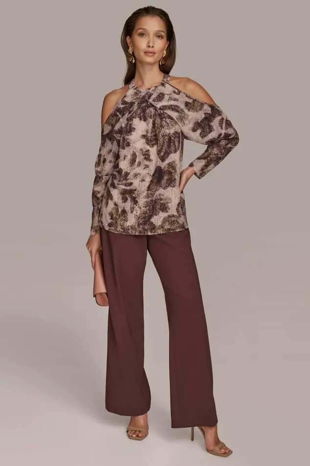 Women Sweaters And Tops Donna Karan PRINTED COLD SHOULDER TOP Blackmulti