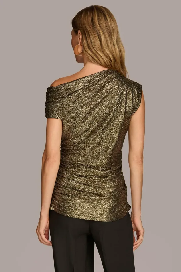 Women Sweaters And Tops Donna Karan SHIMMER OFF THE SHOULDER TOP Blackgold Foil