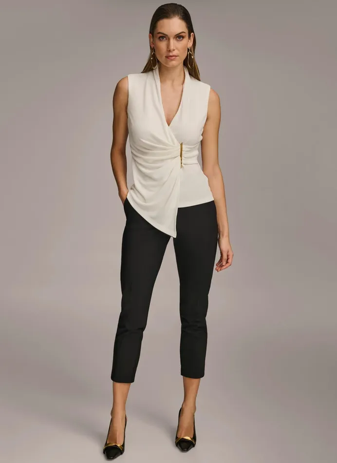 Women Sweaters And Tops Donna Karan VNECK WITH HARDWARE AND RUCHED DETAIL Cream
