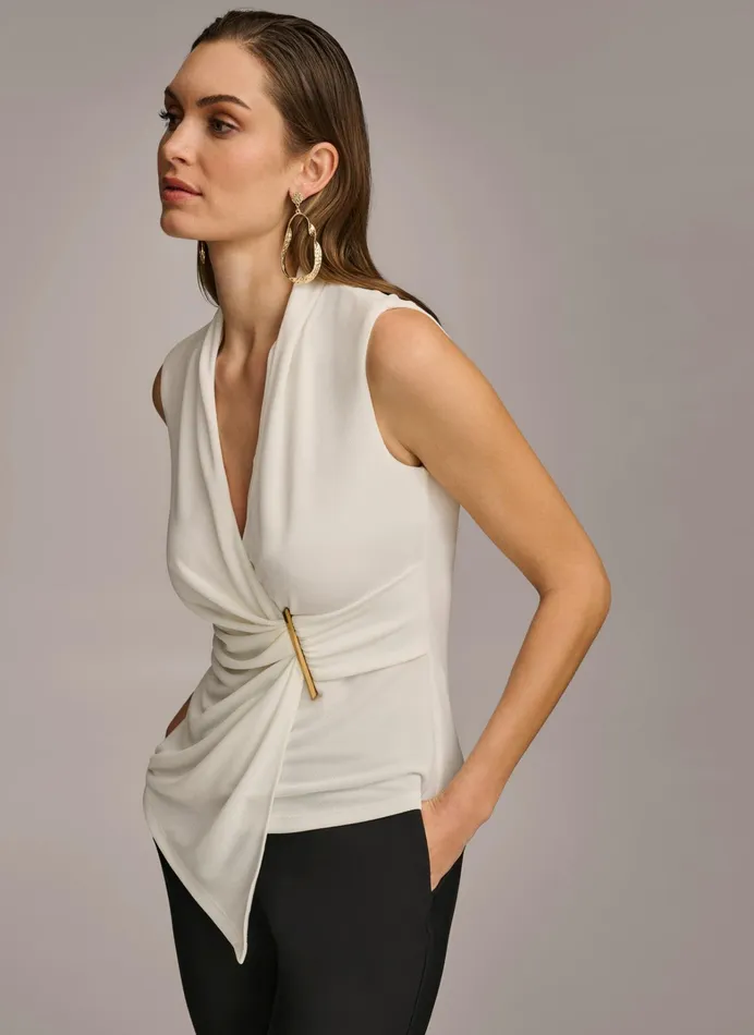 Women Sweaters And Tops Donna Karan VNECK WITH HARDWARE AND RUCHED DETAIL Cream
