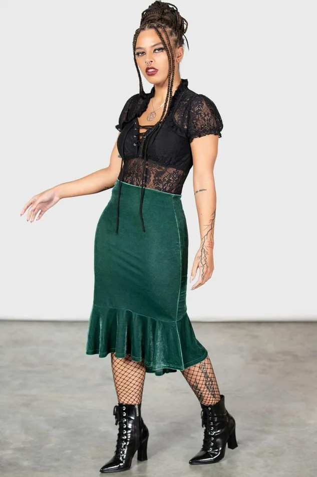 Women Velvet Killstar Drusilla Midi Skirt GREEN